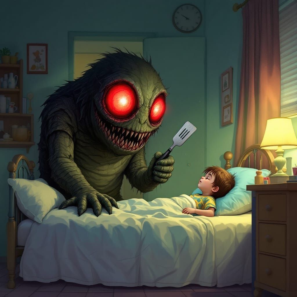 Child Sleeping While Terrifying Plush Toy Holds Knife