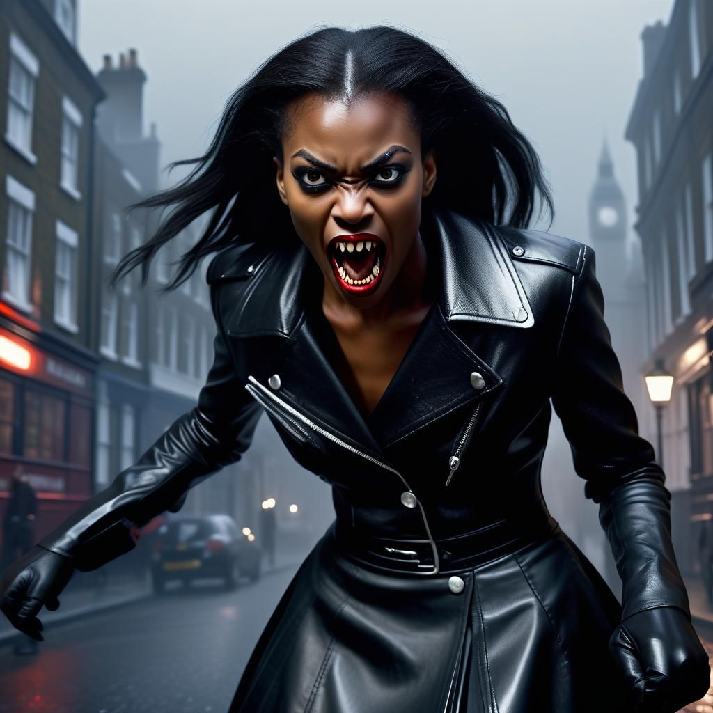 Alluring Black Vampire Pounces in Foggy London Street