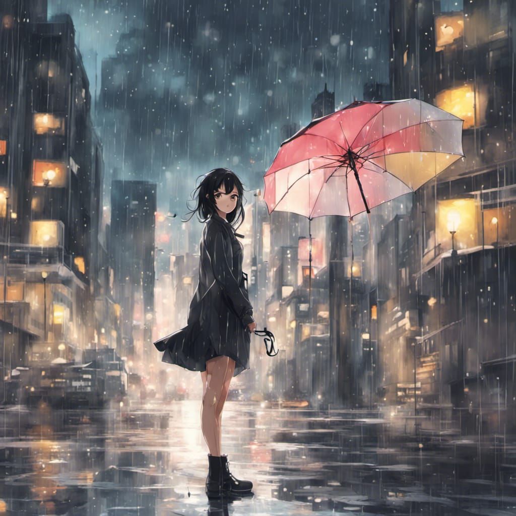Anime Girl with Umbrella in Rainy City