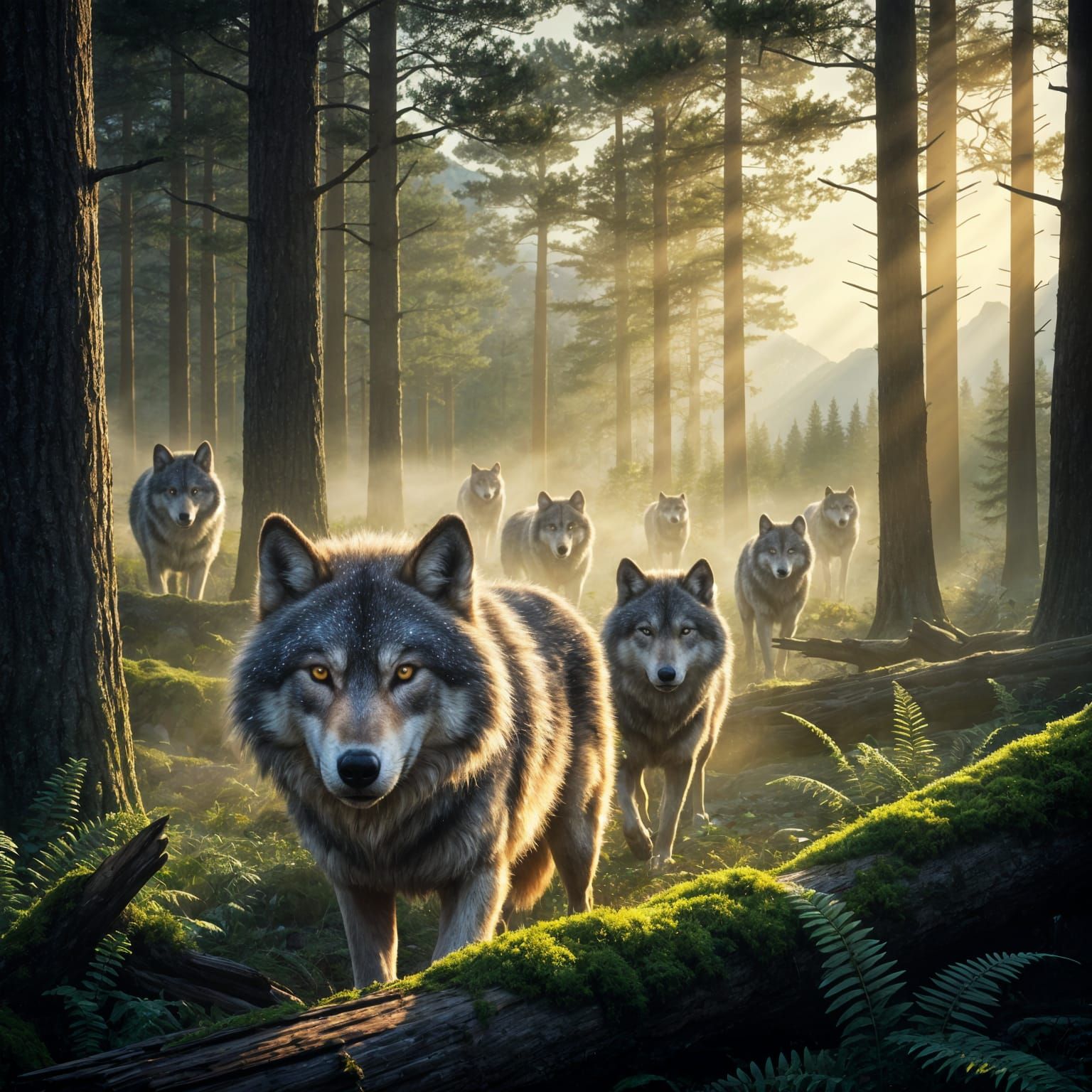 Wolf Pack Emerges from Misty Forest Sunrise