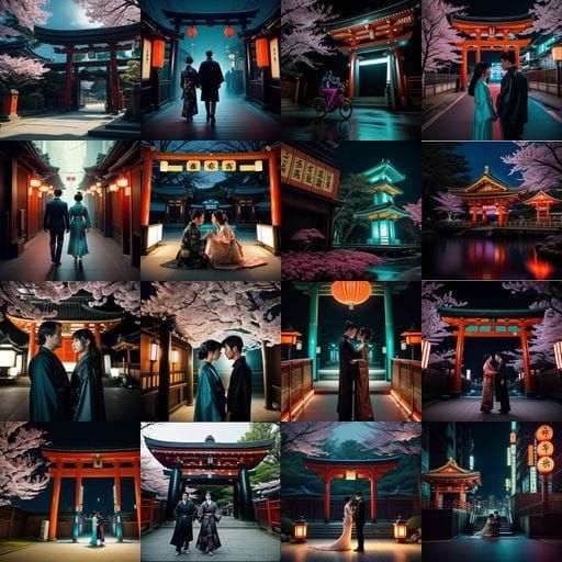 Cyberpunk Tokyo Shinto Shrine at Night, Neon Torii Gate, Hol...