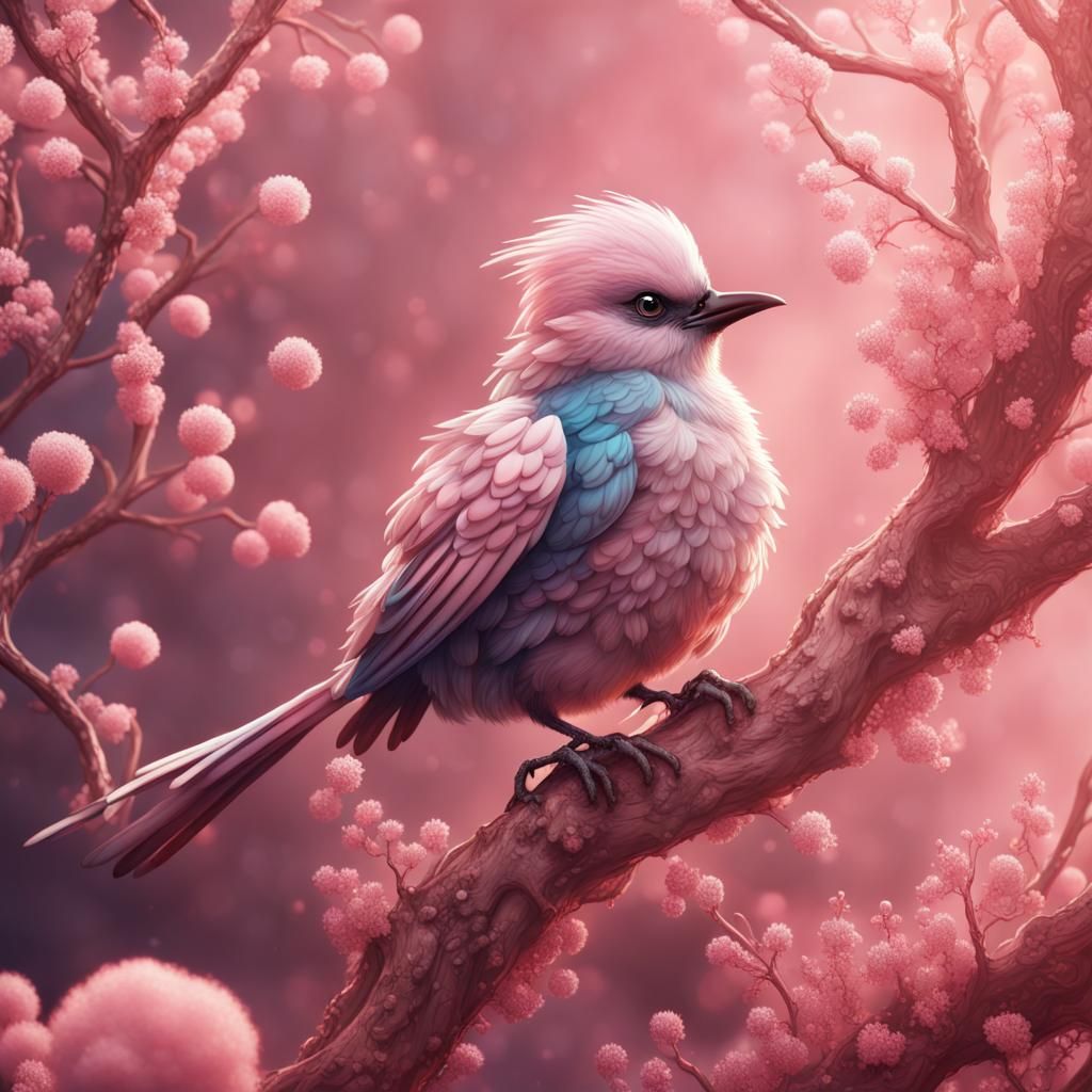 Crystallized Bird on Pink Tree: Detailed Matte Painting