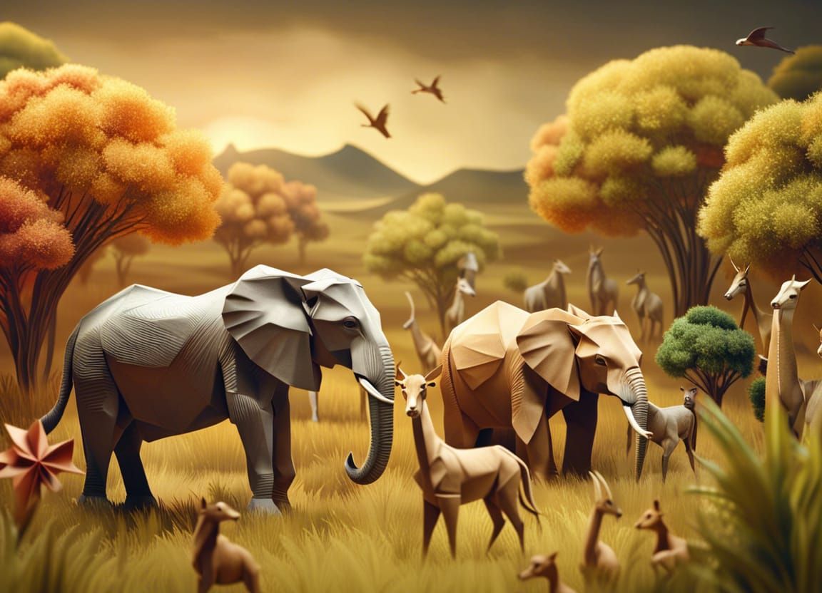 Origami Animals on an African Savanna