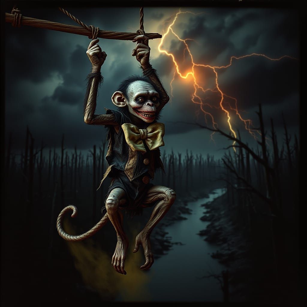 Undead Monkey Clown on Trapeze in Dark Landscape