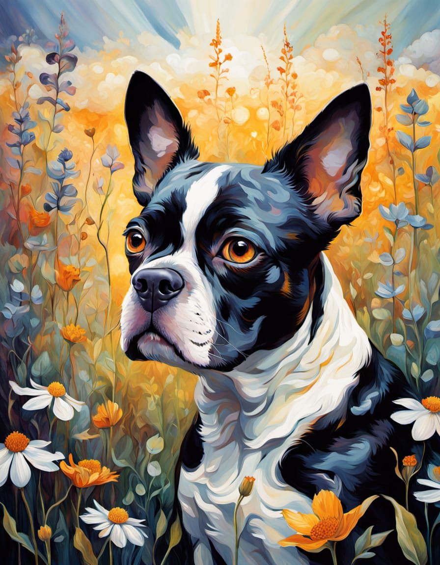 Gustav Klimt-Inspired Boston Terrier Portrait in Vibrant Wil...