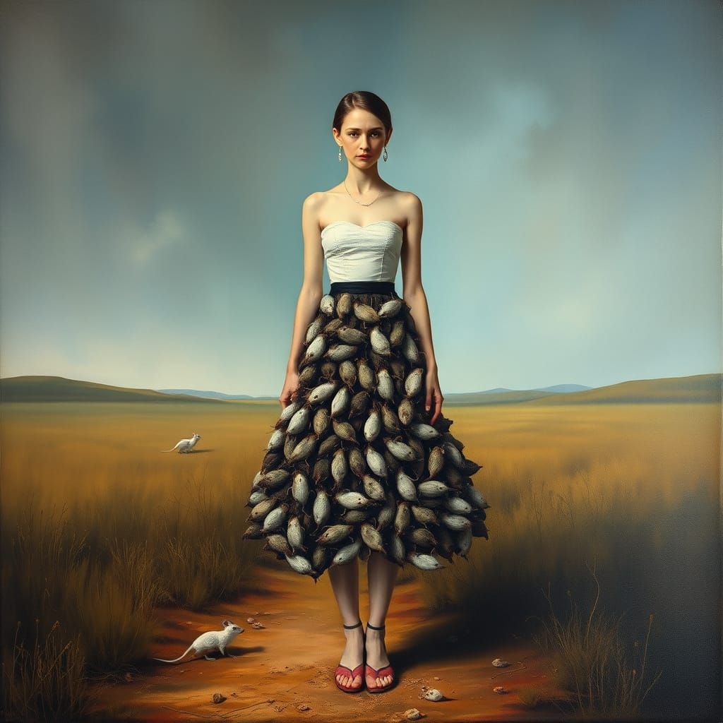 Woman's Surreal Skirt of Mice in Dream Landscape
