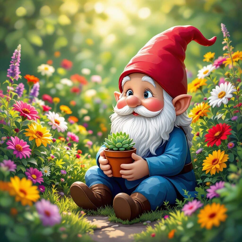 Cute Garden Gnome in Fractal Flower Garden