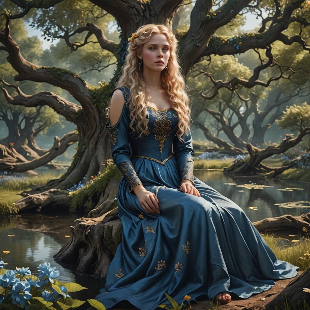 Medieval Blond Woman in Fantasy Forest, Detailed Painting