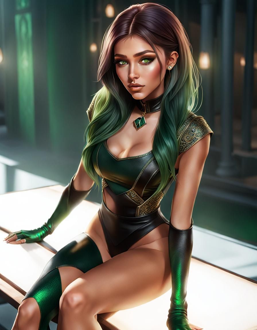 Green Ombré Haired Girl in Digital Painting Style