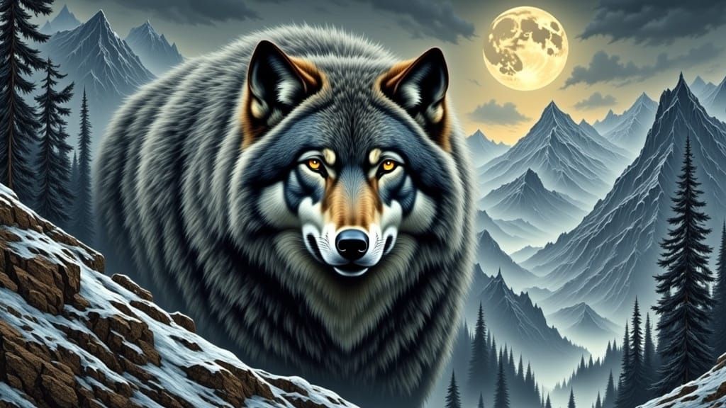 Majestic Gray Wolf in Dreamlike Mountain Landscape