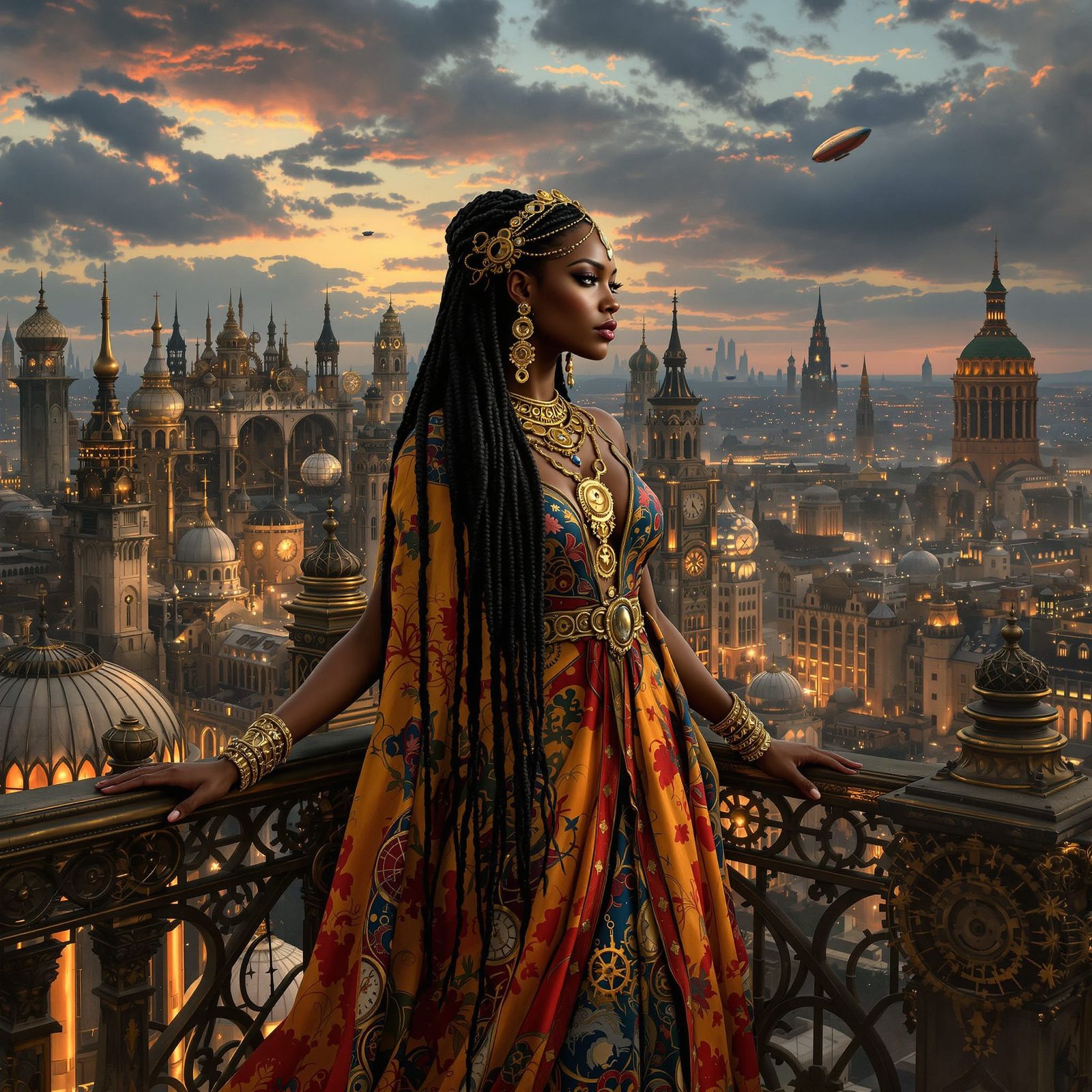 African Queen in Steampunk City Oil Painting