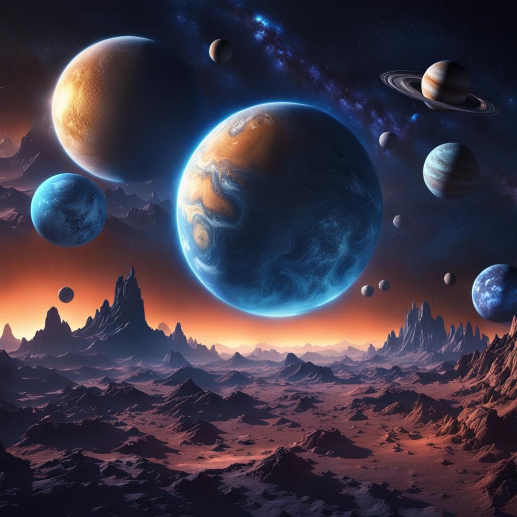 Blue Planets in a Detailed Night Sky