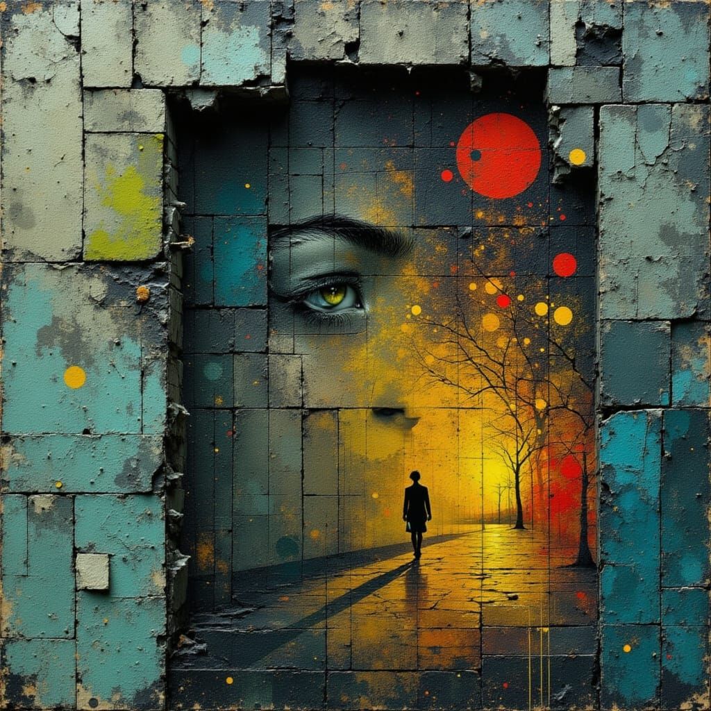 A metaphysical, cubist-style artwork. A realistic woman's fa...