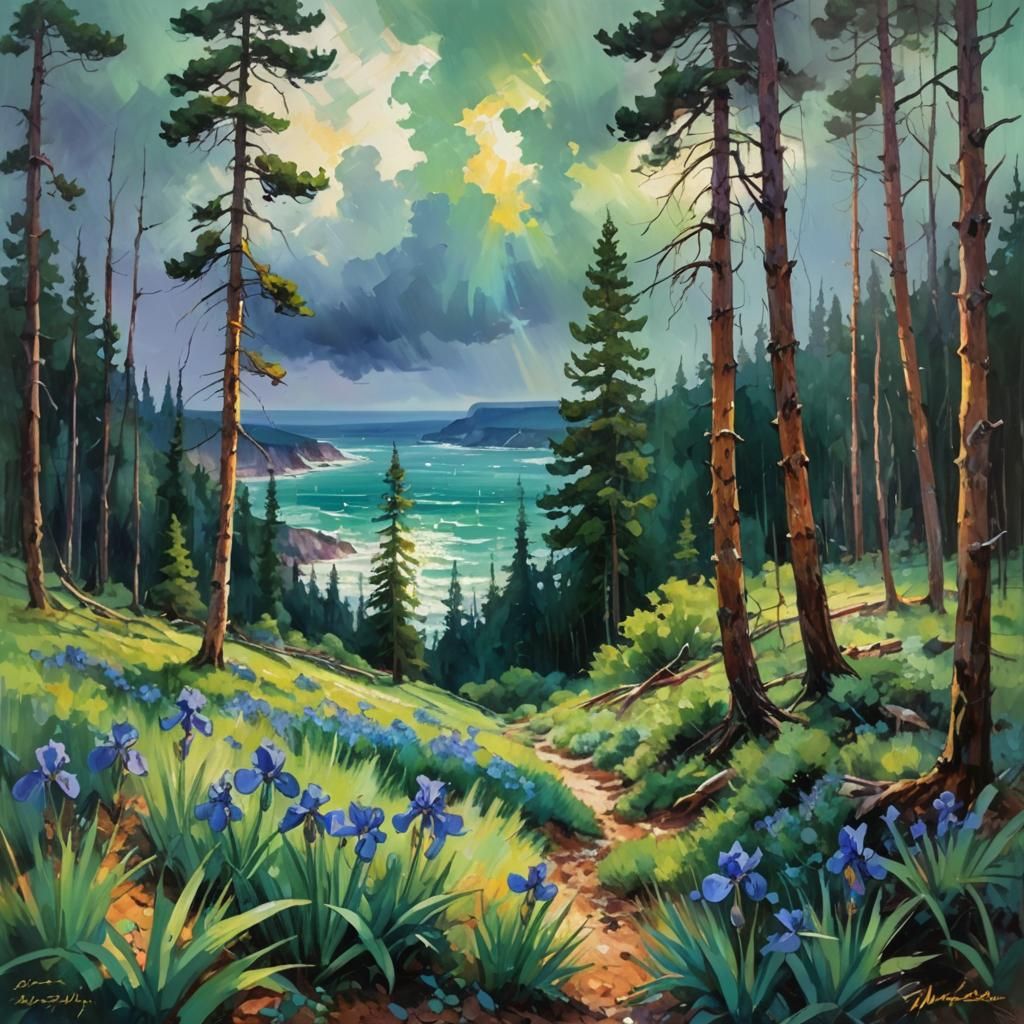 Pine Forest Northern Lights: Hyperrealistic Fauvist Iris