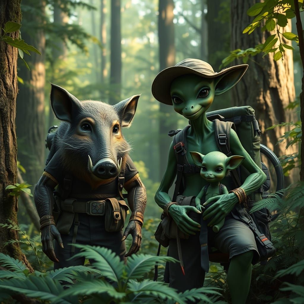 Boar Humanoid & Green Fae with Juvenile Offspring