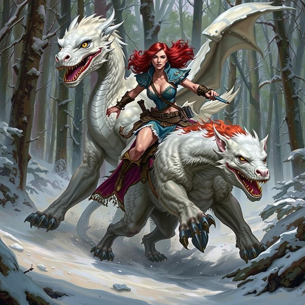 Red Sonja and Dragon in Snowy Forest Action