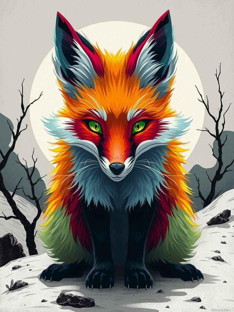 Random rainbow coloured fox in a Black white surrounding
