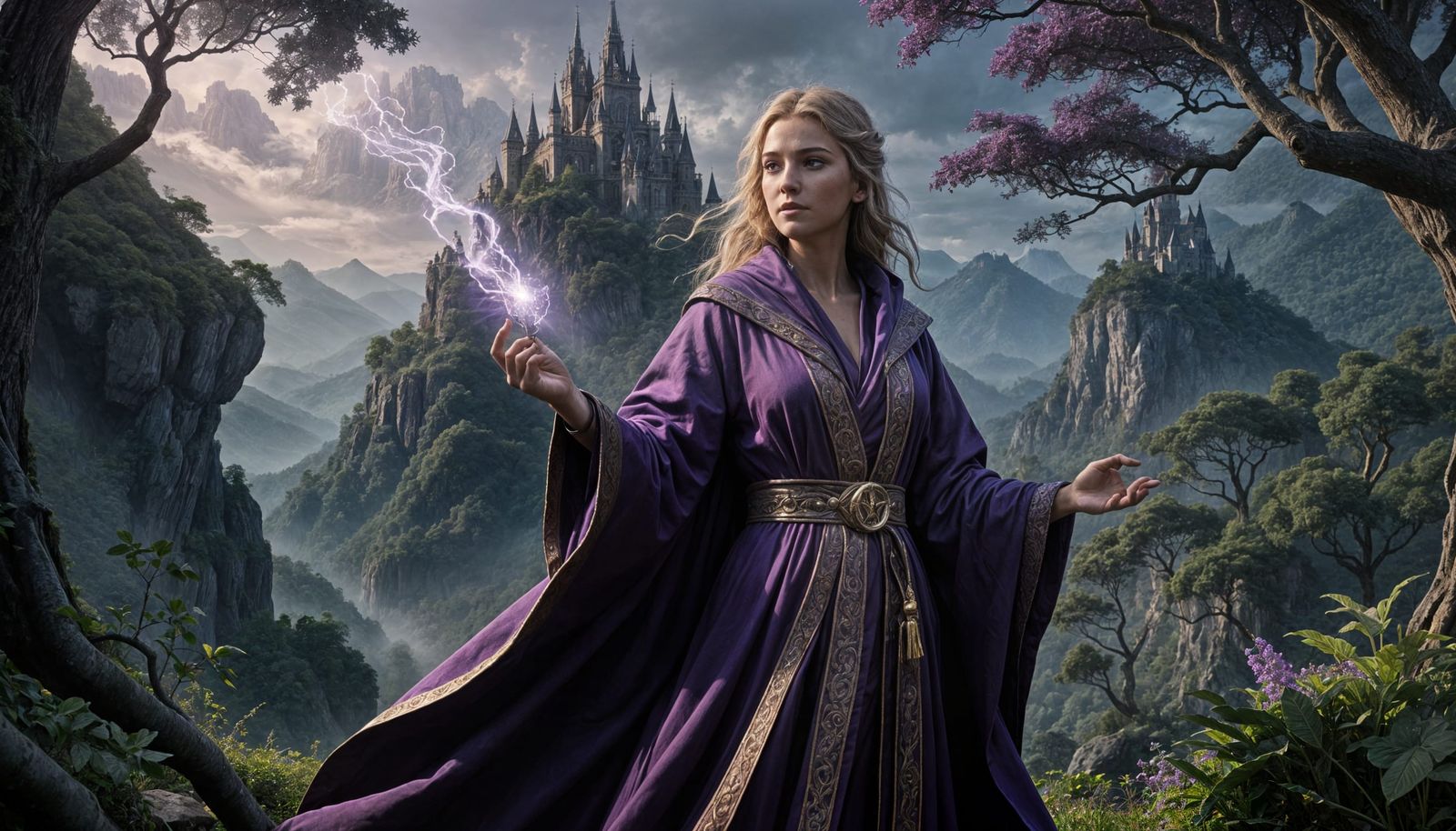 Nordic Magician Casting Spell in Serene Fantasy Landscape