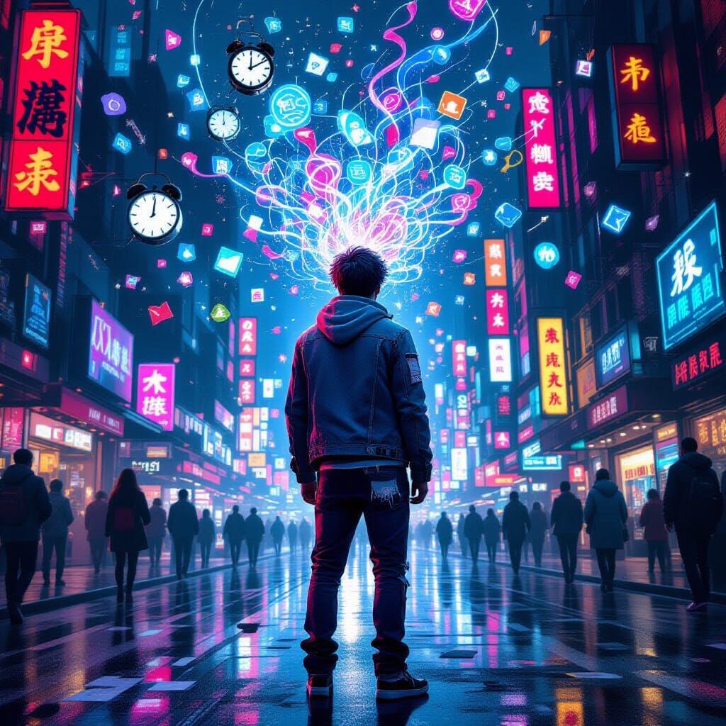 ADHD Person Amidst Overstimulating Cyberpunk Cityscape