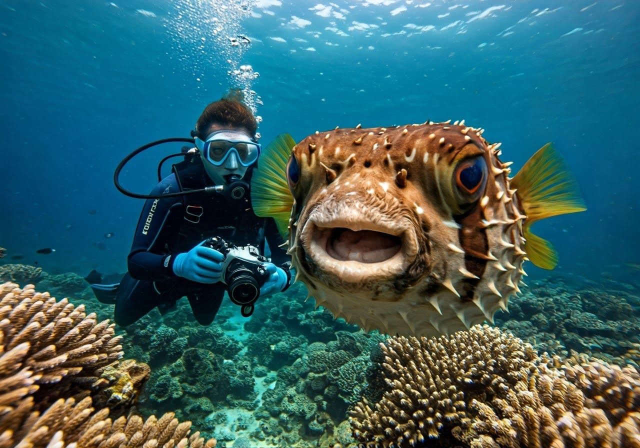 Diver Meets Giant Pufferfish Underwater: National Geographic...