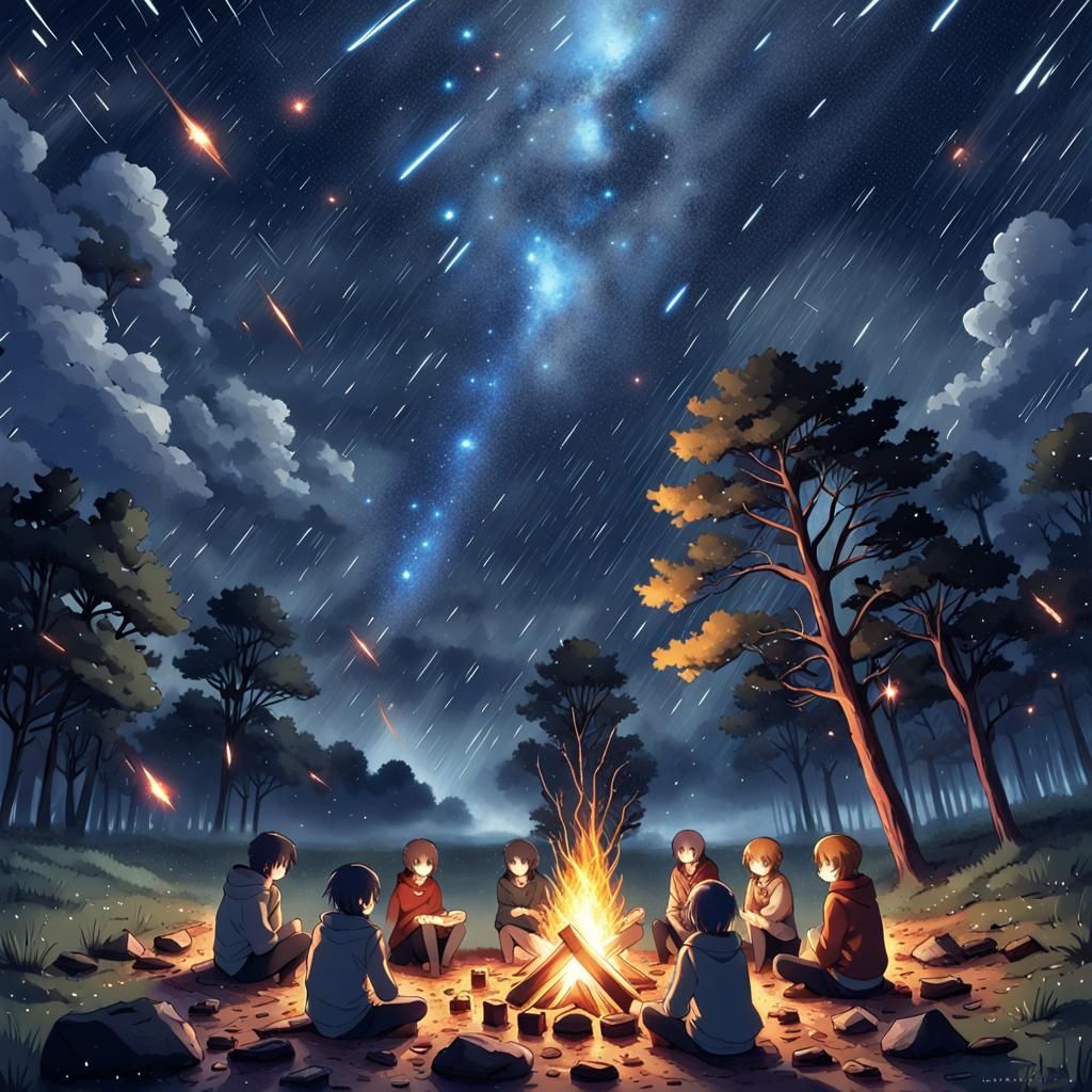 Campfire Under Galactic Rain, in Anime Style