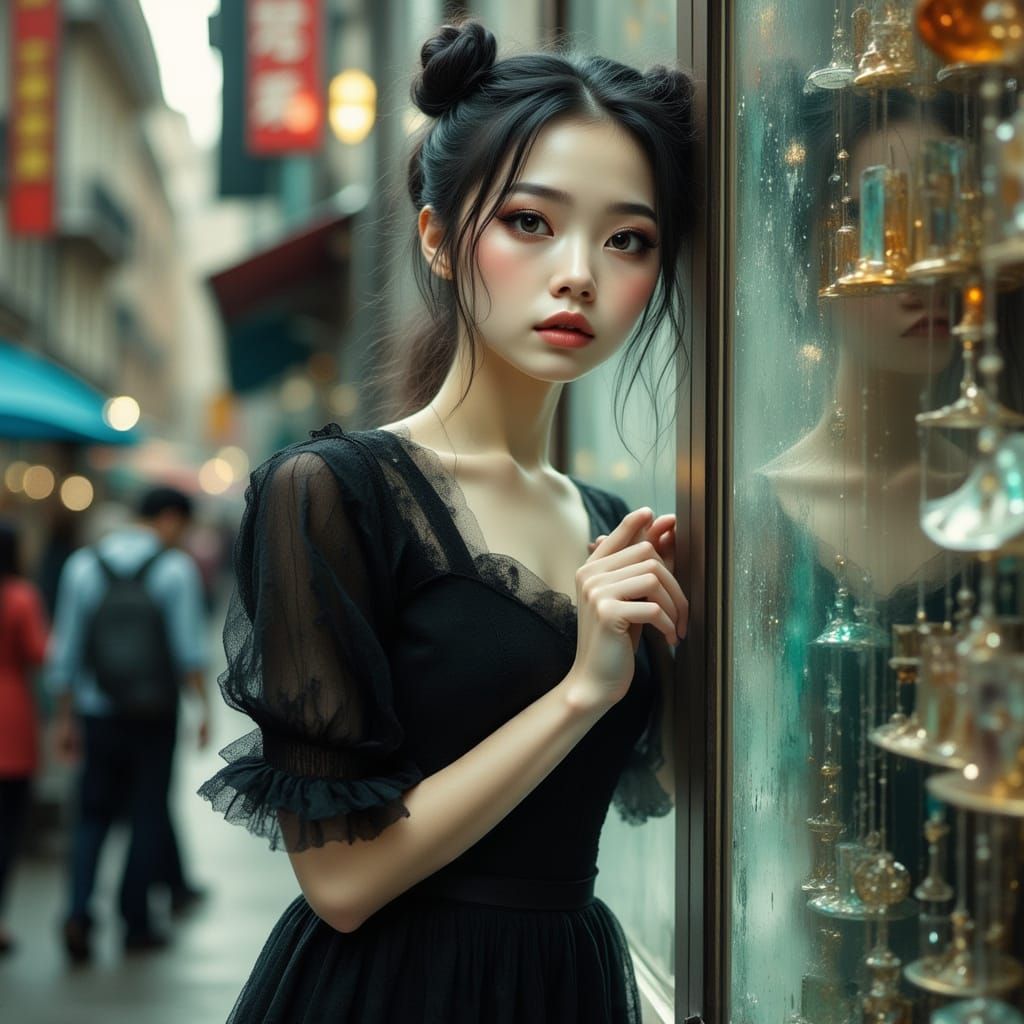 Woman with Smoky Eyes Gazing at Iridescent Accessories