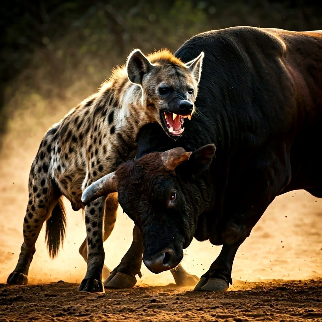 Dramatic Film Still of Angry Hyena Biting Bull