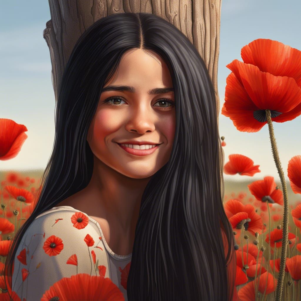 Smiling Girl in Poppy Field: Hyperrealistic Portrait