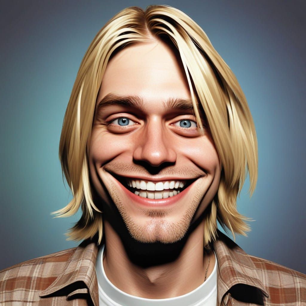 Retro-Futuristic Portrait of Kurt Cobain with a Wide, Cheery...