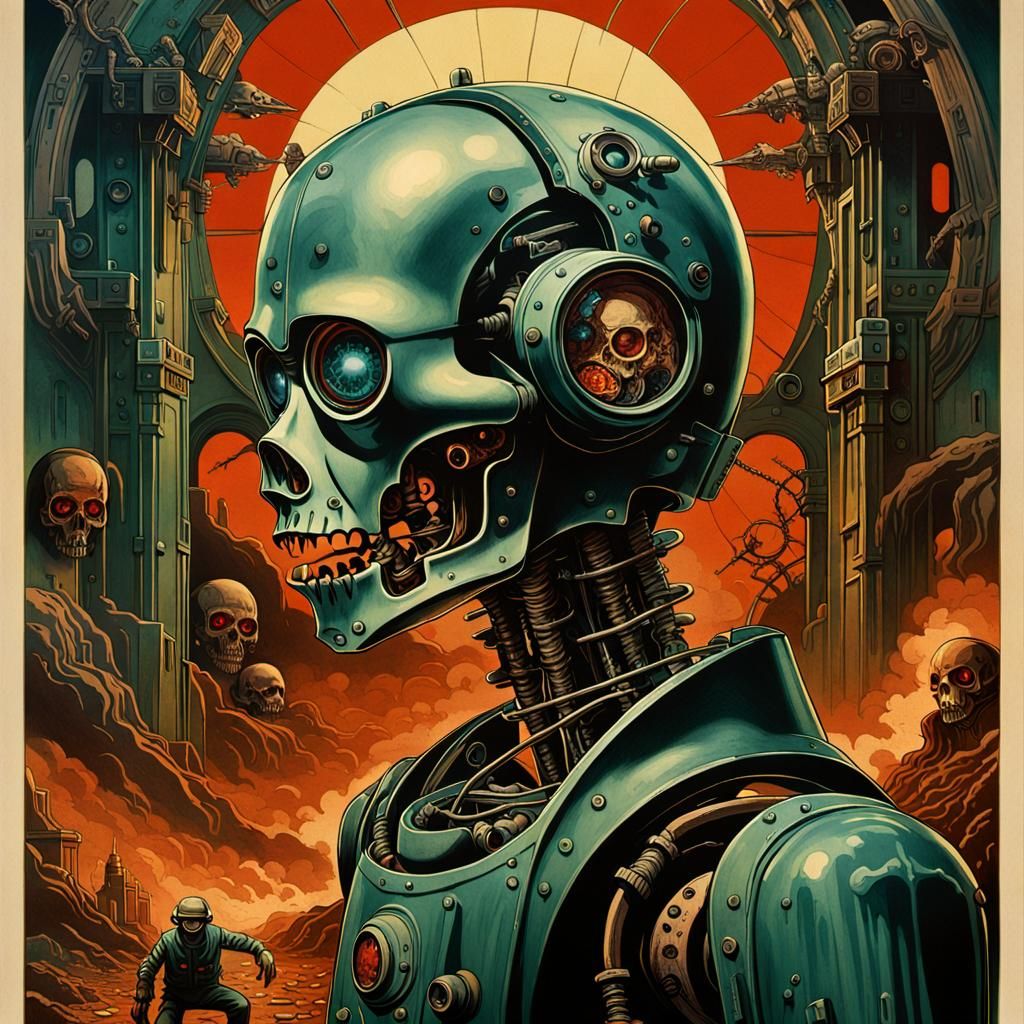 Dystopian 1950s Anti-Robot Poster in Art Nouveau Style
