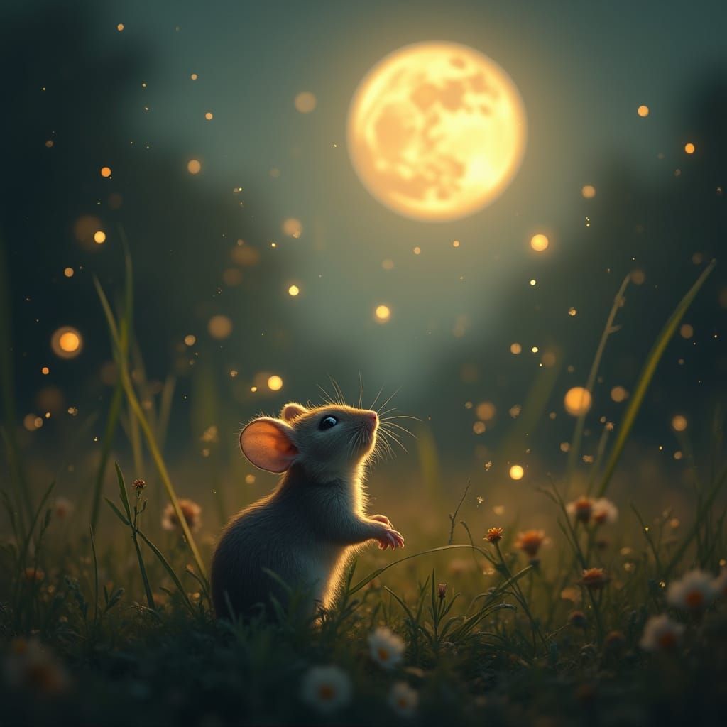 Tiny Mouse in Wonder at Full Moon Summer Meadow