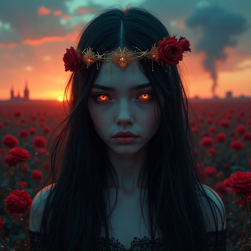 Majestic Woman in Crimson Rose Field at Sunset