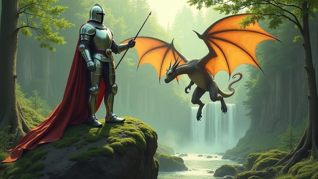 A fantasy landscape with a serious knight posing, but there’...