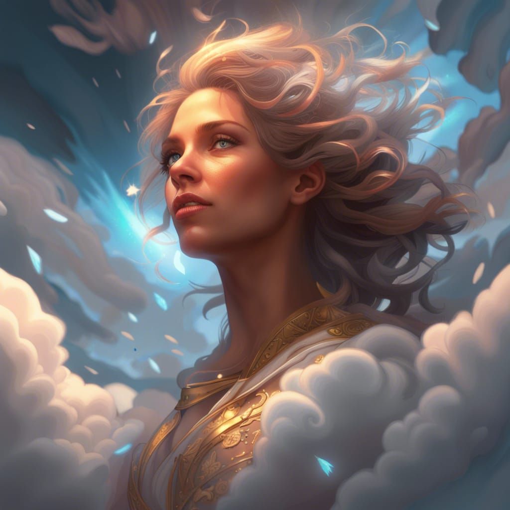 Woman with Glowing Eyes Flies Through Clouds