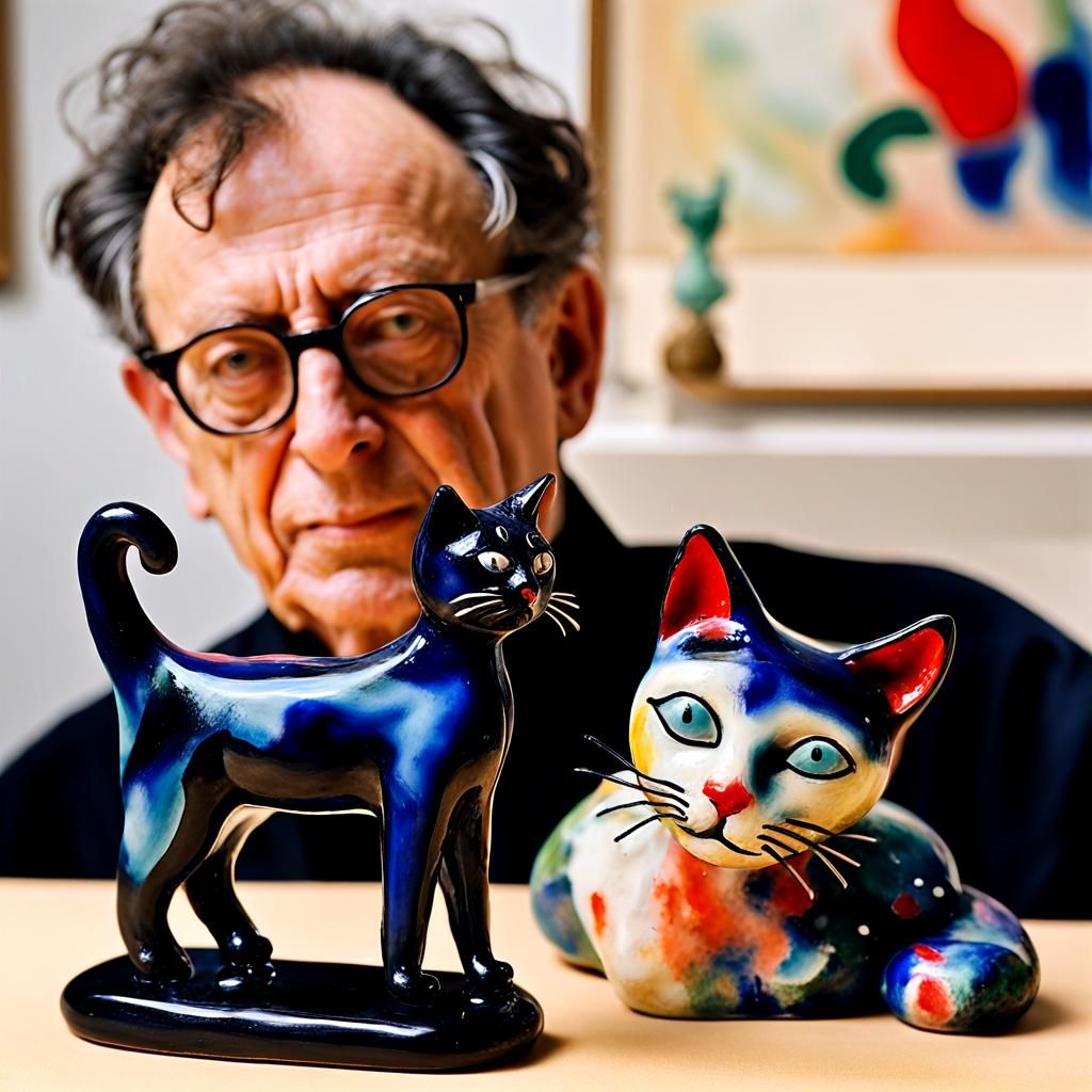 Philip Glass and Cat in Surreal Watercolor Style