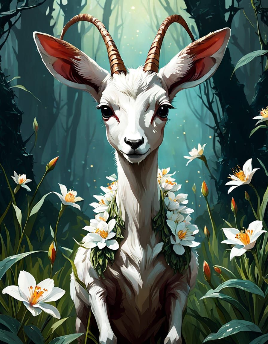 Adorable Albino Spring Antelope in Vibrant Floral Art