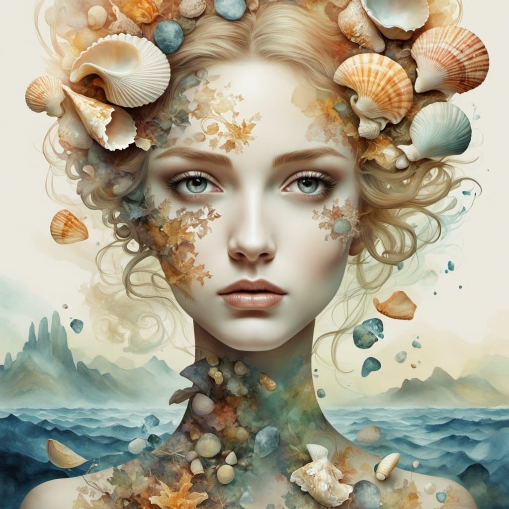 Ethereal Seaside Portrait in Watercolor Double Exposure