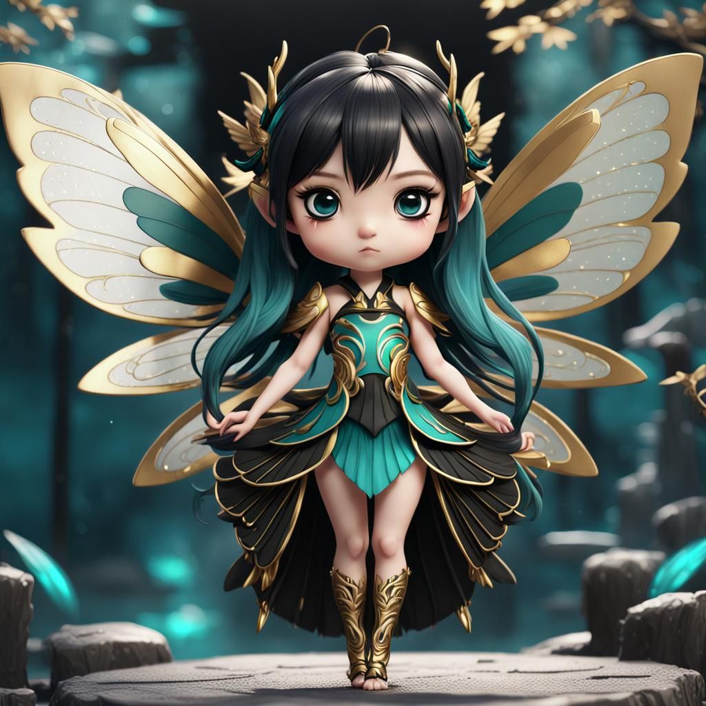 Chibi Japanese Fairy in Black and Gold