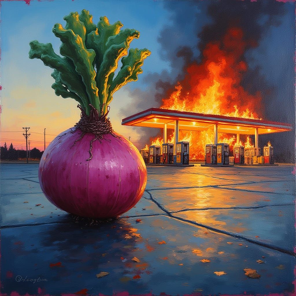 Turnip Ignited by Gas Station Flames in Vibrant Gouache