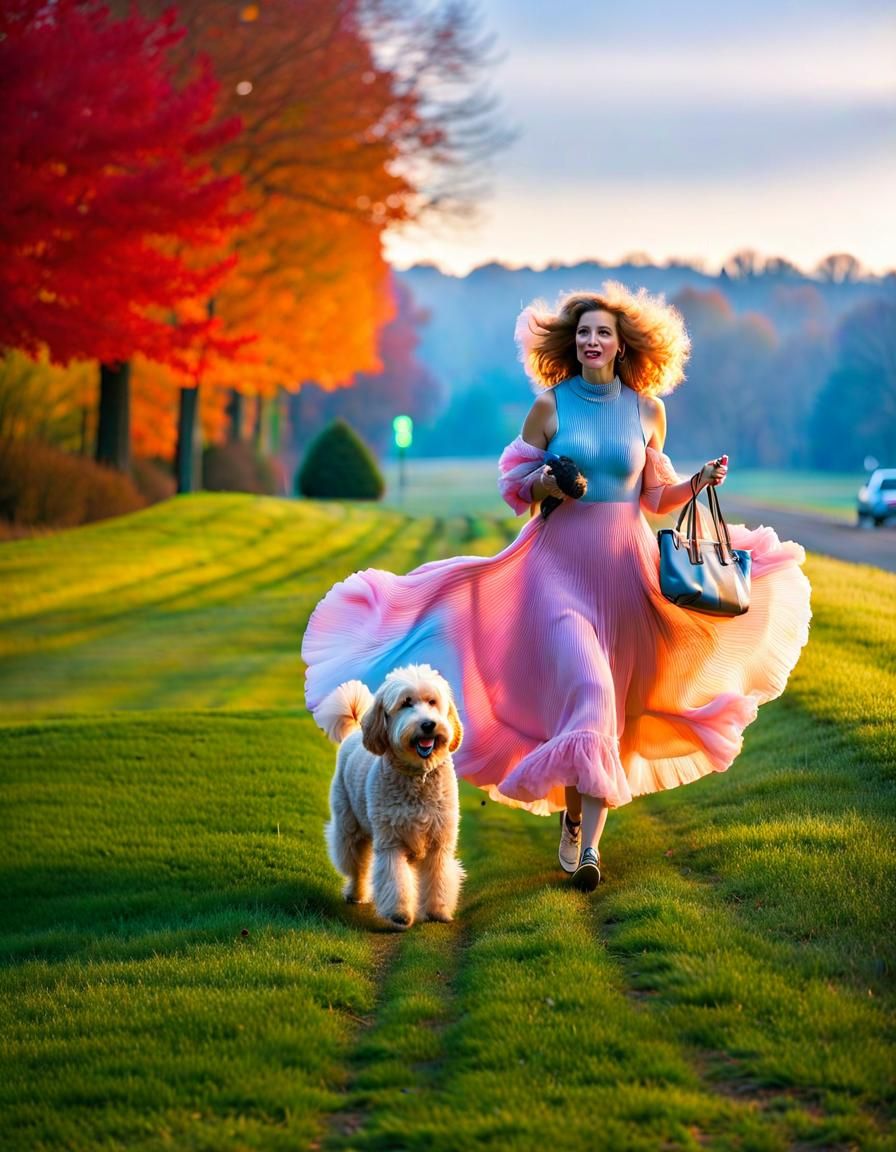 Woman with Labradoodles in Virginia, Misty Morning