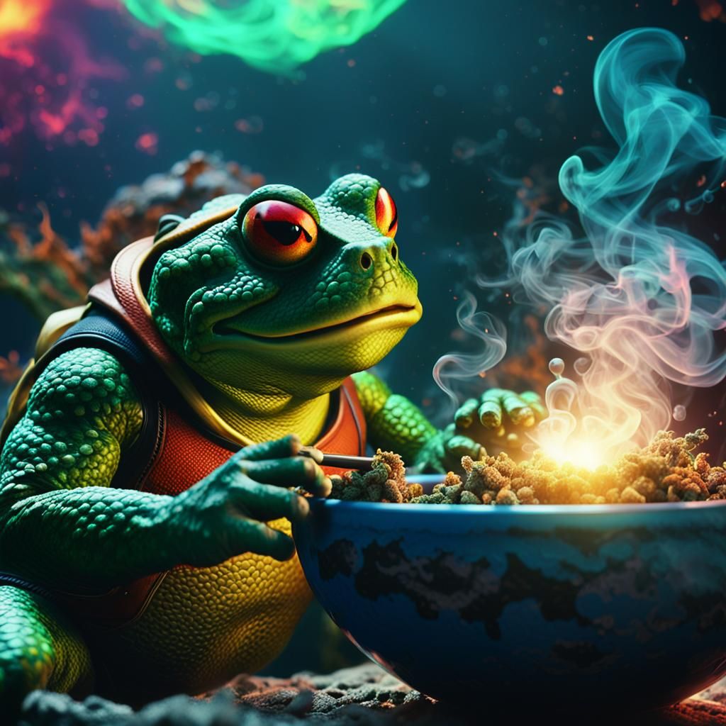 Battle Toads Character Smoking Bong in 3D Cinematic Style
