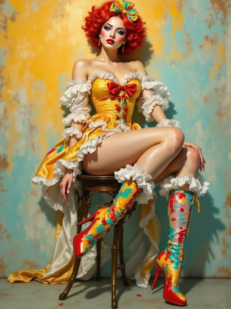 Vibrant Female Clown Leans Back with Confidence in Whimsical...