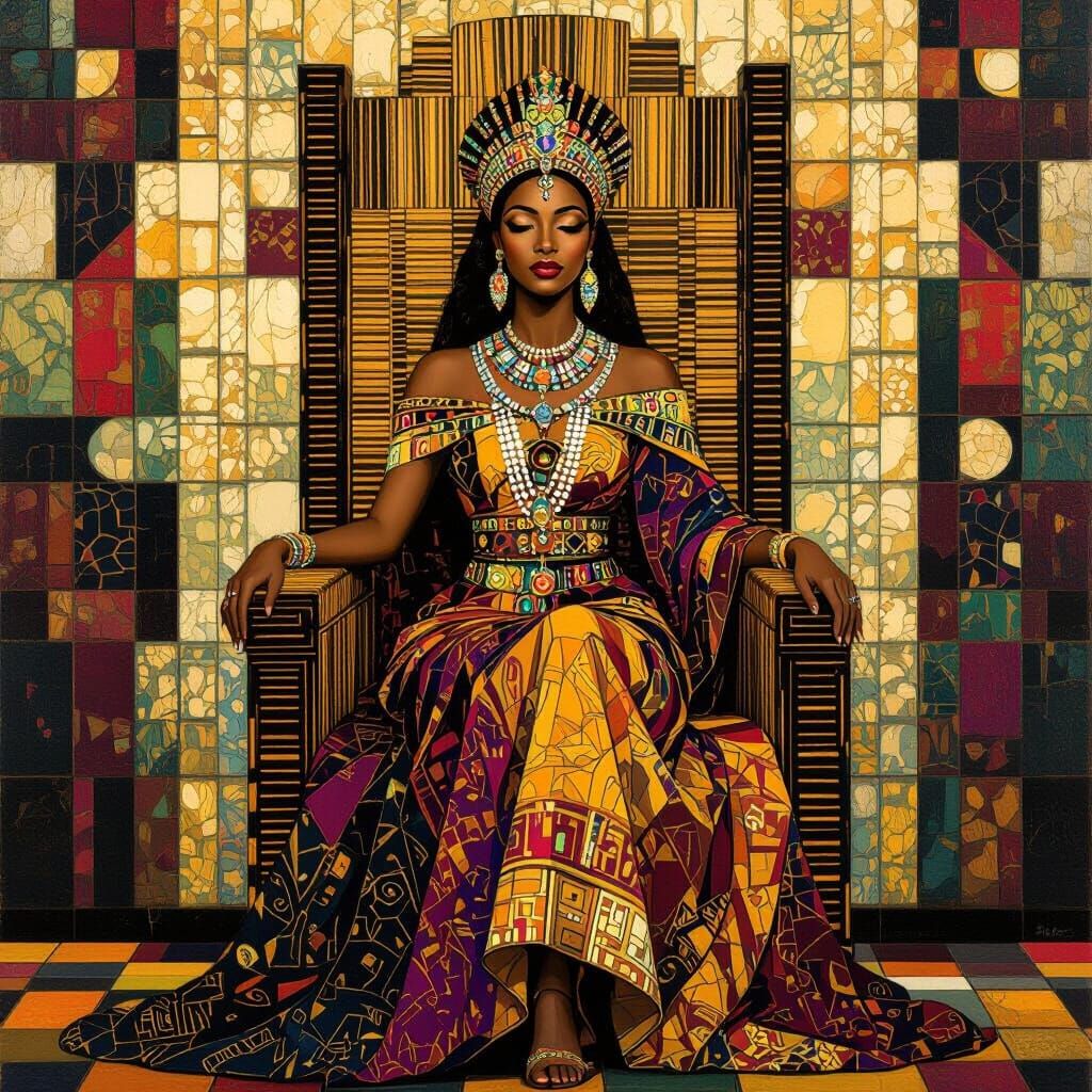 Regal African Queen on Golden Throne in Art Deco Style