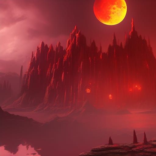 Detailed Matte Painting of a Blood Moon