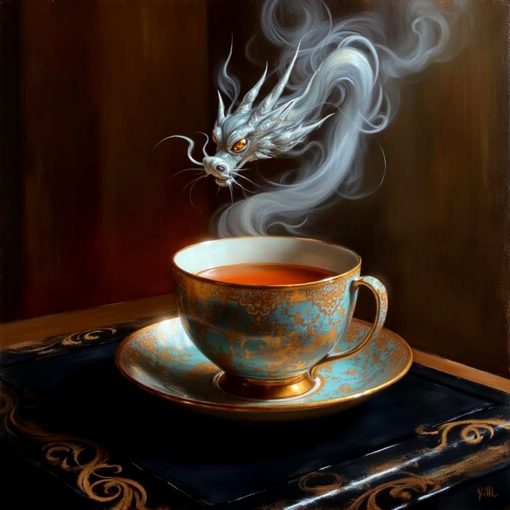 Oriental Teacup Steam Dragon in Enameled Acrylics