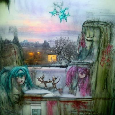 Christmas Window View in Pastel Grunge Style