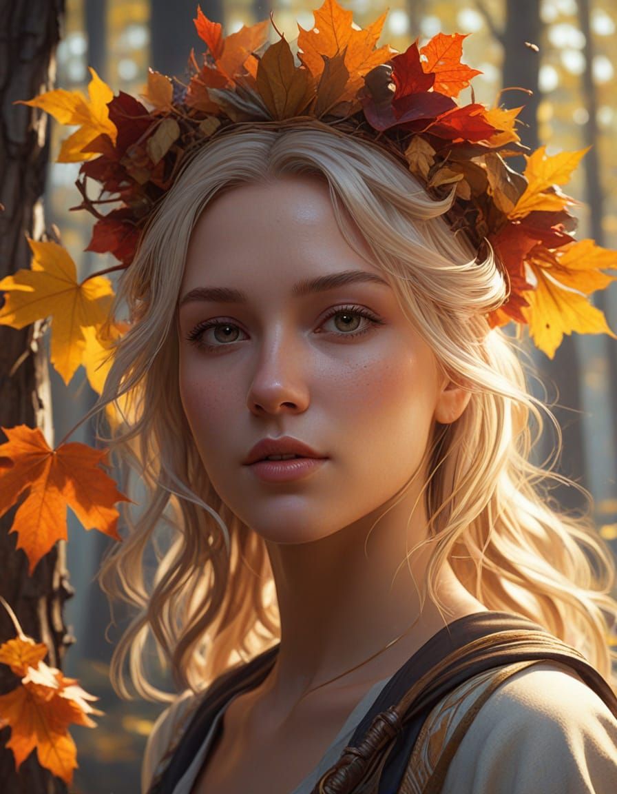 Autumnal Fantasy Goddess in Vibrant Landscape