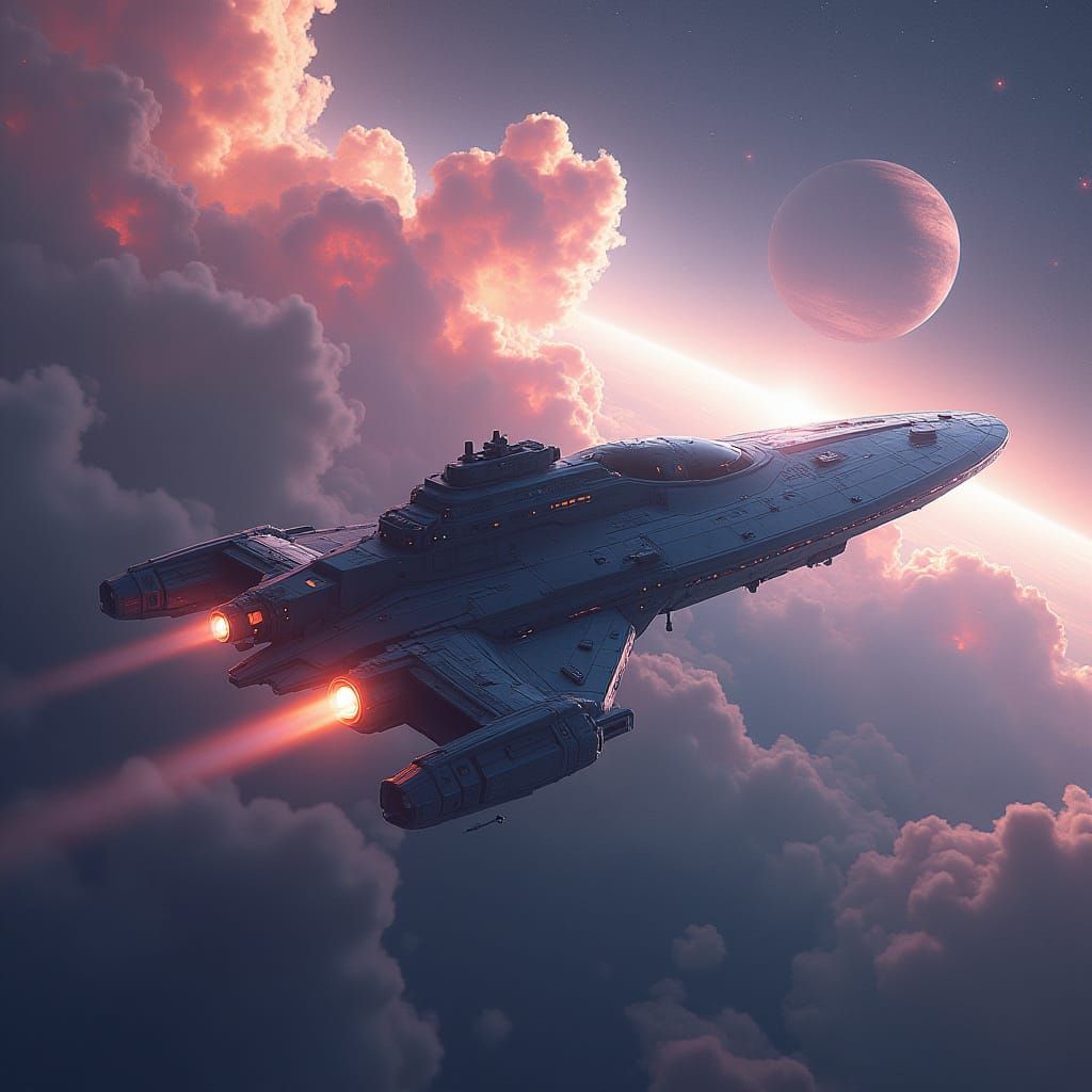 Star Ship Cruises Past Vast Nebula in Futuristic Galaxy