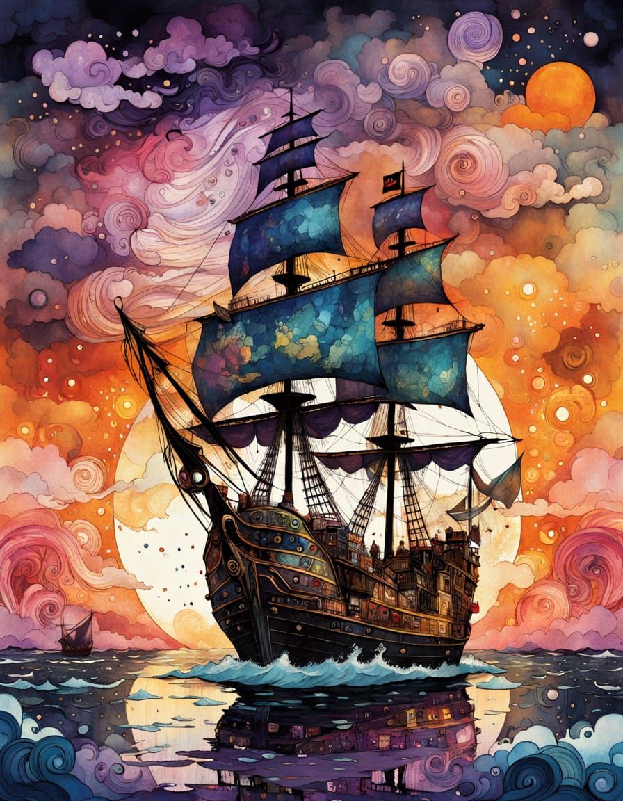 Pirate Ship Sunset in Alcohol Ink Abstract Style