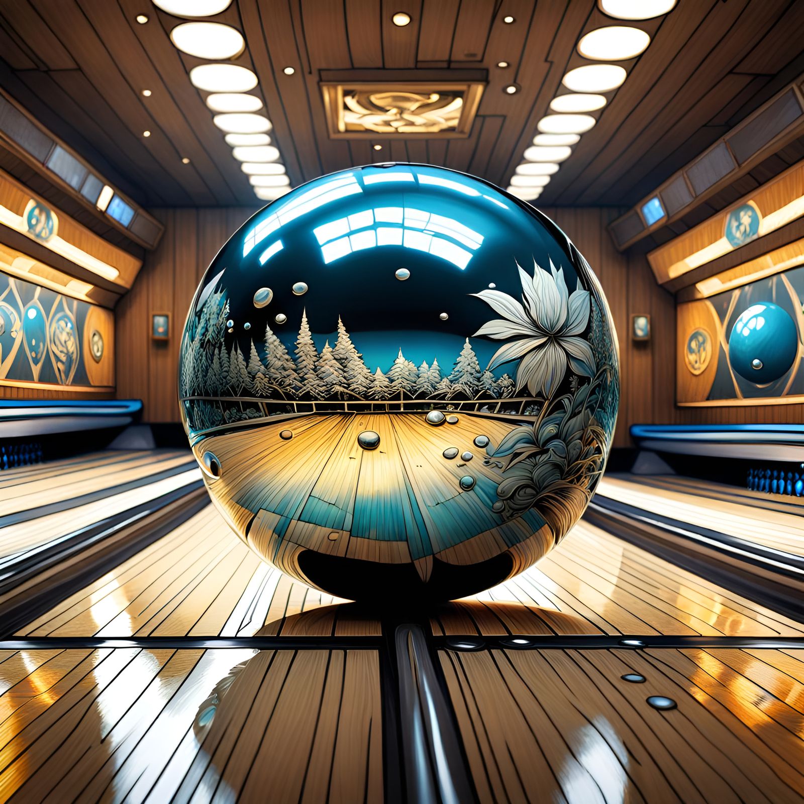Crystallized Metal Bowling Ball in Surreal Style
